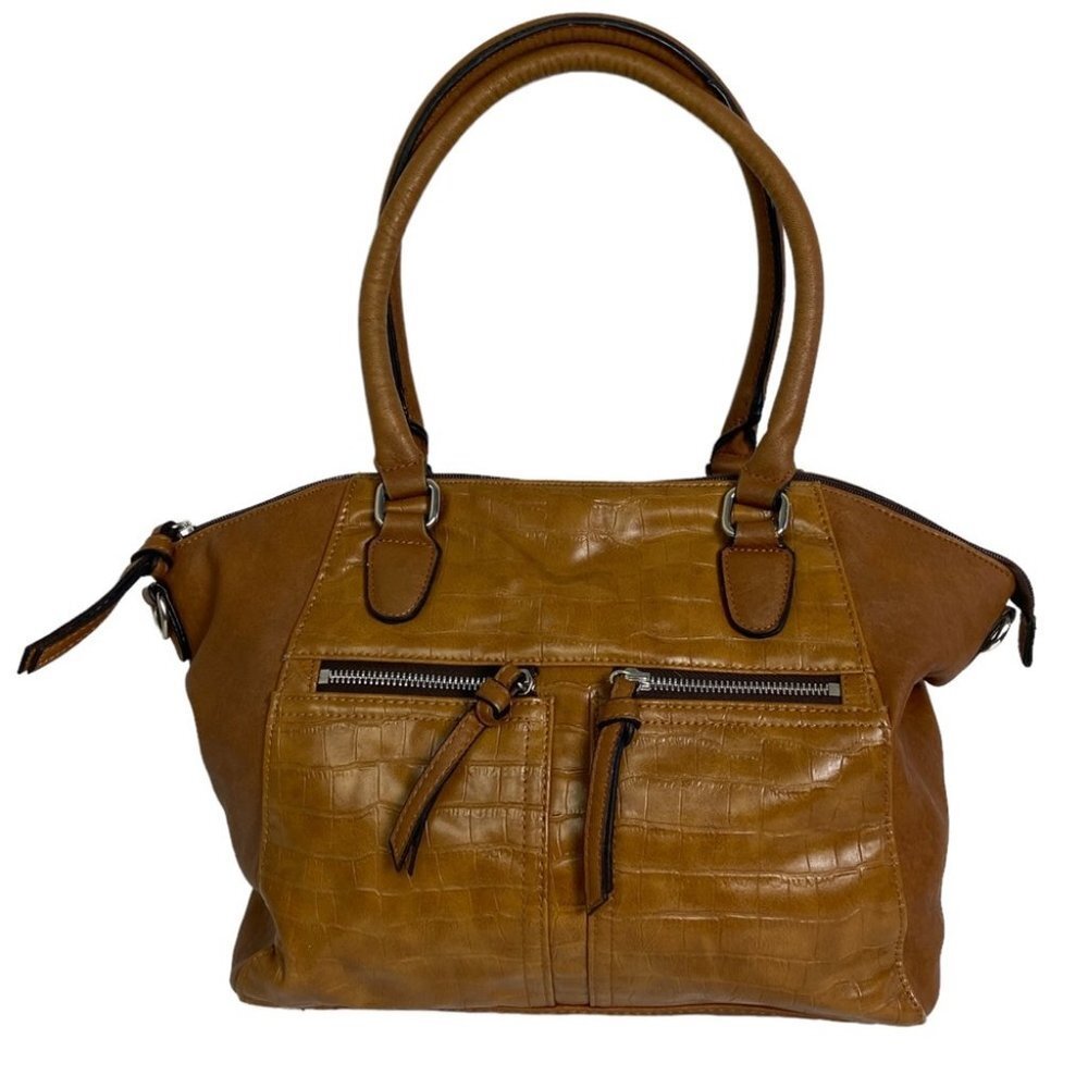 Brown Tan Faux Leather Shoulder Bag Purse Laptop Tablet Pouch Pockets Vinyl Zip